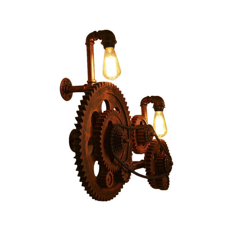 Weathered Copper Exposed Wall Lighting Vintage Metal 2 Lights Indoor Sconce Lamp with Gear Clearhalo 'Art deco wall lights' 'Cast Iron' 'Glass' 'Industrial wall lights' 'Industrial' 'Middle century wall lights' 'Modern' 'Rustic wall lights' 'Tiffany' 'Traditional wall lights' 'Wall Lamps & Sconces' 'Wall Lights' Lighting' 196131