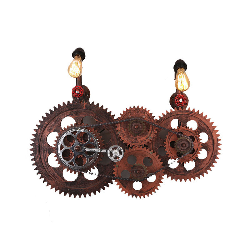 Weathered Copper Exposed Wall Lighting Vintage Metal 2 Lights Indoor Sconce Lamp with Gear Clearhalo 'Art deco wall lights' 'Cast Iron' 'Glass' 'Industrial wall lights' 'Industrial' 'Middle century wall lights' 'Modern' 'Rustic wall lights' 'Tiffany' 'Traditional wall lights' 'Wall Lamps & Sconces' 'Wall Lights' Lighting' 196134