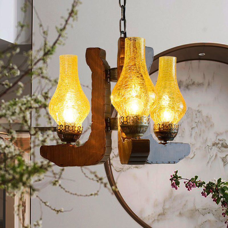 3-Light Crackle Glass Hanging Chandelier Vintage Yellow Vase Living Room Pendant Light Fixture with Wood Yellow Clearhalo 'Cast Iron' 'Ceiling Lights' 'Chandeliers' 'Industrial Chandeliers' 'Industrial' 'Metal' 'Middle Century Chandeliers' 'Rustic Chandeliers' 'Tiffany' Lighting' 196140