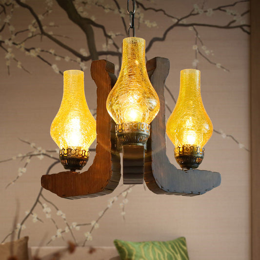3-Light Crackle Glass Hanging Chandelier Vintage Yellow Vase Living Room Pendant Light Fixture with Wood Clearhalo 'Cast Iron' 'Ceiling Lights' 'Chandeliers' 'Industrial Chandeliers' 'Industrial' 'Metal' 'Middle Century Chandeliers' 'Rustic Chandeliers' 'Tiffany' Lighting' 196141