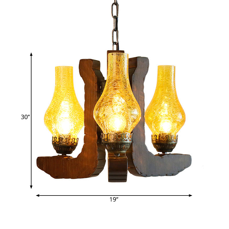 3-Light Crackle Glass Hanging Chandelier Vintage Yellow Vase Living Room Pendant Light Fixture with Wood Clearhalo 'Cast Iron' 'Ceiling Lights' 'Chandeliers' 'Industrial Chandeliers' 'Industrial' 'Metal' 'Middle Century Chandeliers' 'Rustic Chandeliers' 'Tiffany' Lighting' 196143