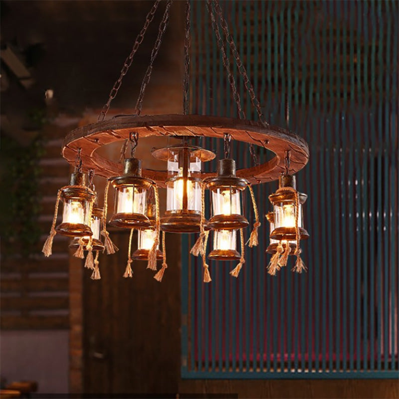 Wood Multi Light Chandelier Light Fixture Coastal Clear Glass Lantern Pendant Lamp with Chain Clearhalo 'Cast Iron' 'Ceiling Lights' 'Chandeliers' 'Industrial Chandeliers' 'Industrial' 'Metal' 'Middle Century Chandeliers' 'Rustic Chandeliers' 'Tiffany' Lighting' 196167