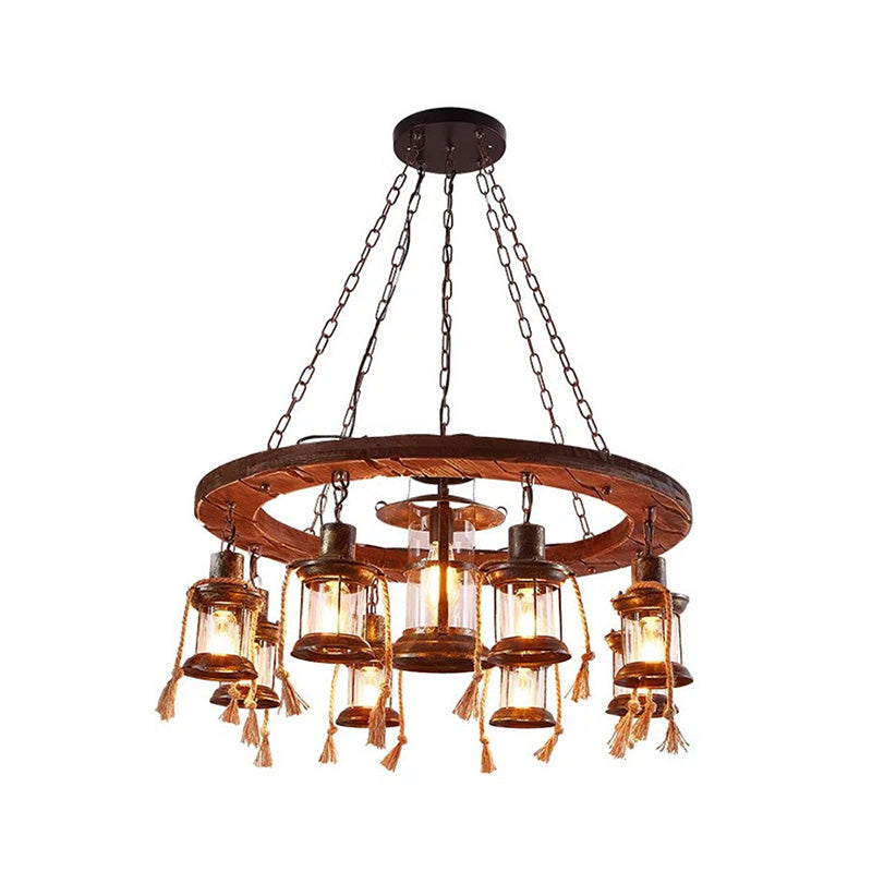Wood Multi Light Chandelier Light Fixture Coastal Clear Glass Lantern Pendant Lamp with Chain Clearhalo 'Cast Iron' 'Ceiling Lights' 'Chandeliers' 'Industrial Chandeliers' 'Industrial' 'Metal' 'Middle Century Chandeliers' 'Rustic Chandeliers' 'Tiffany' Lighting' 196168