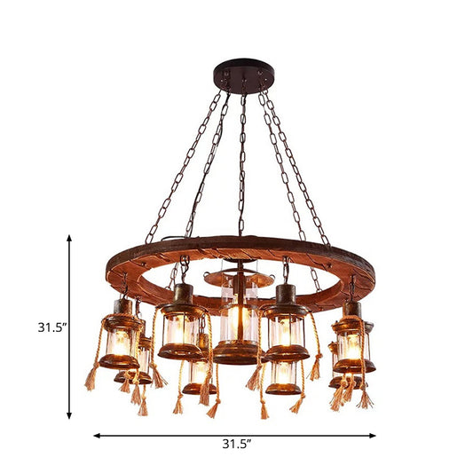 Wood Multi Light Chandelier Light Fixture Coastal Clear Glass Lantern Pendant Lamp with Chain Clearhalo 'Cast Iron' 'Ceiling Lights' 'Chandeliers' 'Industrial Chandeliers' 'Industrial' 'Metal' 'Middle Century Chandeliers' 'Rustic Chandeliers' 'Tiffany' Lighting' 196169