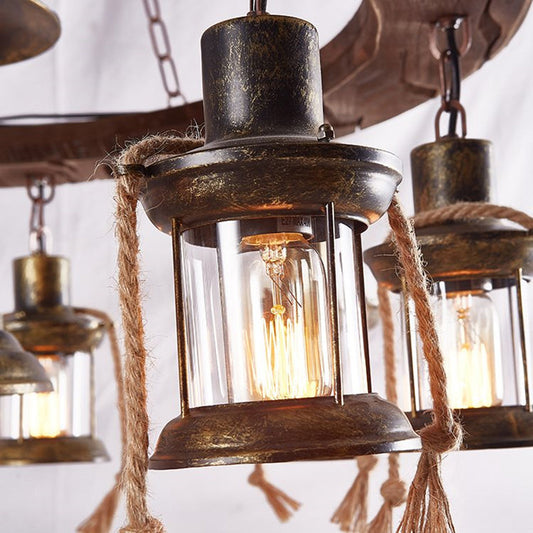 Wood Multi Light Chandelier Light Fixture Coastal Clear Glass Lantern Pendant Lamp with Chain Clearhalo 'Cast Iron' 'Ceiling Lights' 'Chandeliers' 'Industrial Chandeliers' 'Industrial' 'Metal' 'Middle Century Chandeliers' 'Rustic Chandeliers' 'Tiffany' Lighting' 196170