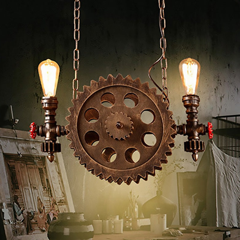 2 Lights Ceiling Light Vintage Exposed Metal Hanging Chandelier in Rust for Living Room with Gear Rust Clearhalo 'Cast Iron' 'Ceiling Lights' 'Chandeliers' 'Industrial Chandeliers' 'Industrial' 'Metal' 'Middle Century Chandeliers' 'Rustic Chandeliers' 'Tiffany' Lighting' 196179