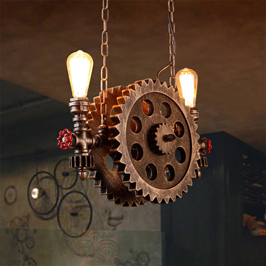 2 Lights Ceiling Light Vintage Exposed Metal Hanging Chandelier in Rust for Living Room with Gear Clearhalo 'Cast Iron' 'Ceiling Lights' 'Chandeliers' 'Industrial Chandeliers' 'Industrial' 'Metal' 'Middle Century Chandeliers' 'Rustic Chandeliers' 'Tiffany' Lighting' 196180