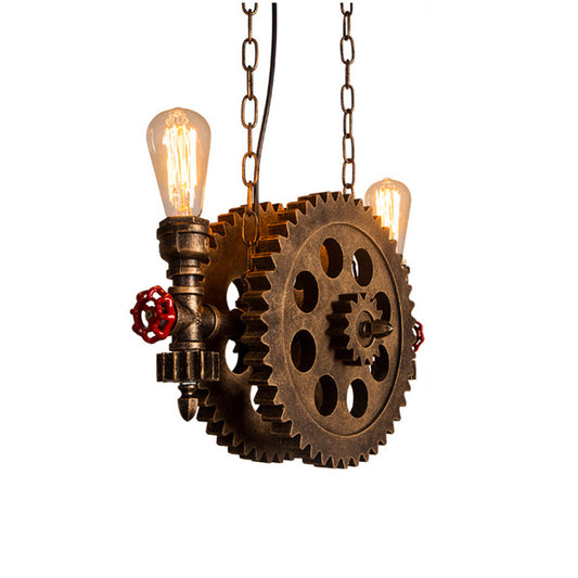 2 Lights Ceiling Light Vintage Exposed Metal Hanging Chandelier in Rust for Living Room with Gear Clearhalo 'Cast Iron' 'Ceiling Lights' 'Chandeliers' 'Industrial Chandeliers' 'Industrial' 'Metal' 'Middle Century Chandeliers' 'Rustic Chandeliers' 'Tiffany' Lighting' 196181
