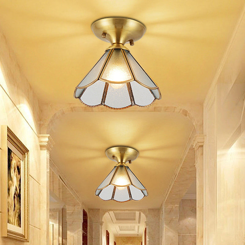 1-Light Cone Semi Flush Mount Vintage Brass Frosted White Glass Close to Ceiling Light for Corridor Clearhalo 'Ceiling Lights' 'Close To Ceiling Lights' 'Close to ceiling' 'Flush mount' Lighting' 1963440
