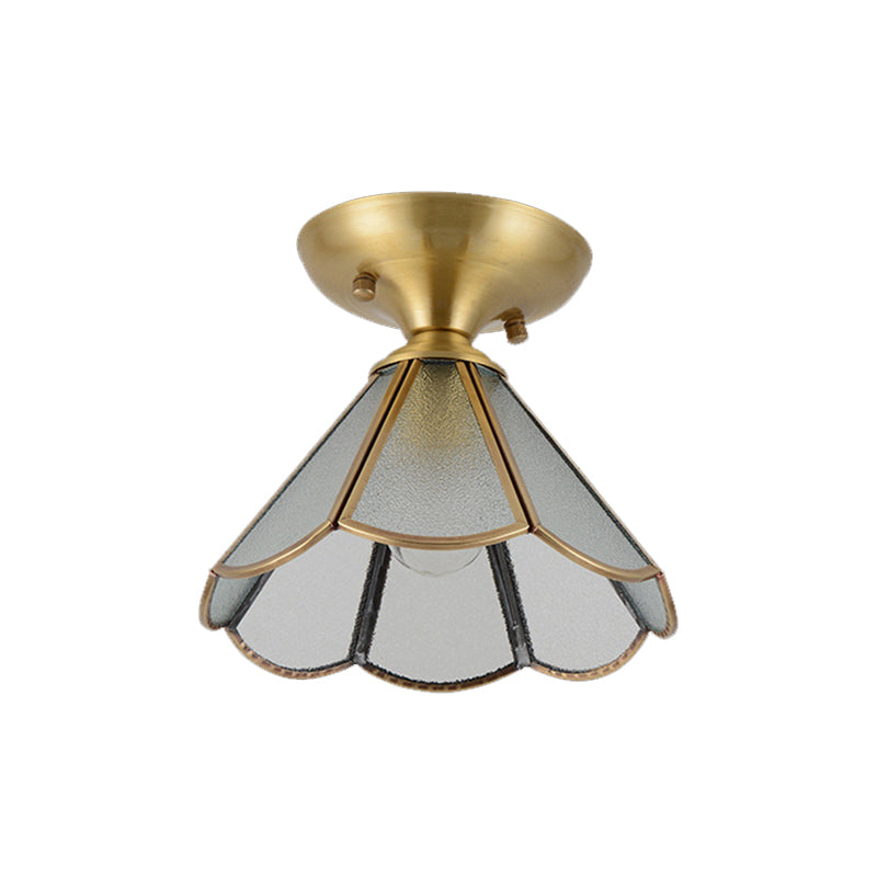 1-Light Cone Semi Flush Mount Vintage Brass Frosted White Glass Close to Ceiling Light for Corridor Clearhalo 'Ceiling Lights' 'Close To Ceiling Lights' 'Close to ceiling' 'Flush mount' Lighting' 1963441