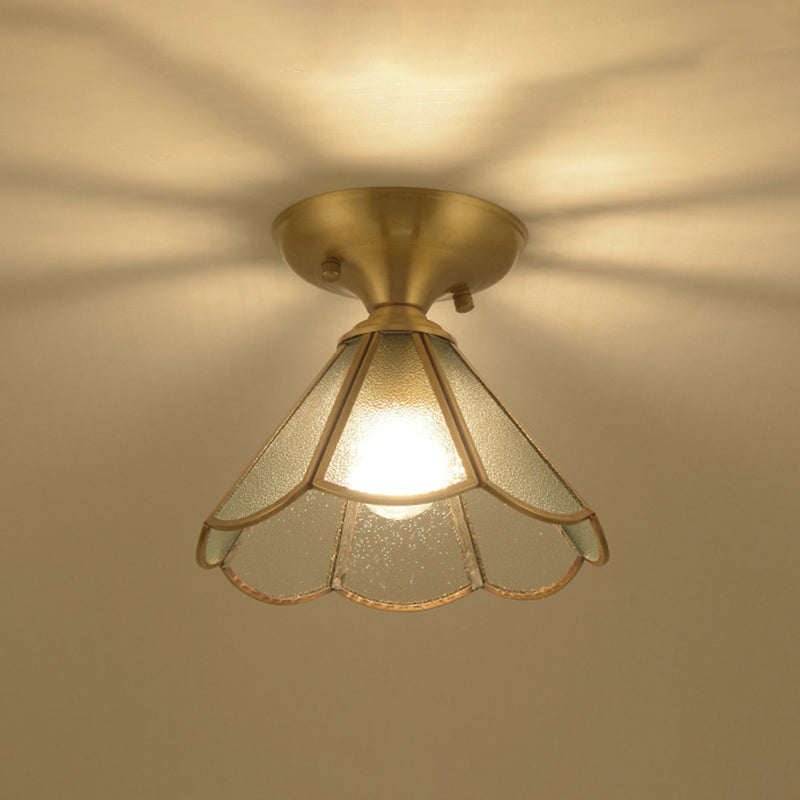 1-Light Cone Semi Flush Mount Vintage Brass Frosted White Glass Close to Ceiling Light for Corridor Clearhalo 'Ceiling Lights' 'Close To Ceiling Lights' 'Close to ceiling' 'Flush mount' Lighting' 1963442
