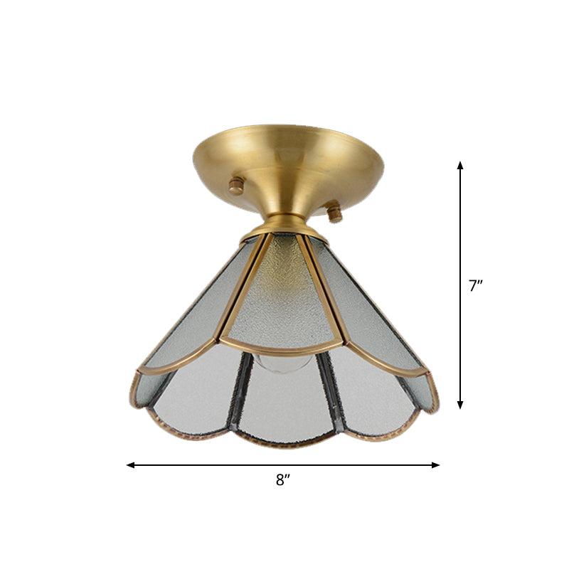 1-Light Cone Semi Flush Mount Vintage Brass Frosted White Glass Close to Ceiling Light for Corridor Clearhalo 'Ceiling Lights' 'Close To Ceiling Lights' 'Close to ceiling' 'Flush mount' Lighting' 1963443