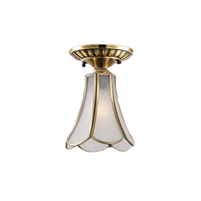 Curved/Cylinder/Flower Frosted Glass Flush Lamp Colonial 1-Light Corridor Flush Mount Light in Brass Clearhalo 'Ceiling Lights' 'Close To Ceiling Lights' 'Close to ceiling' 'Flush mount' Lighting' 1963461