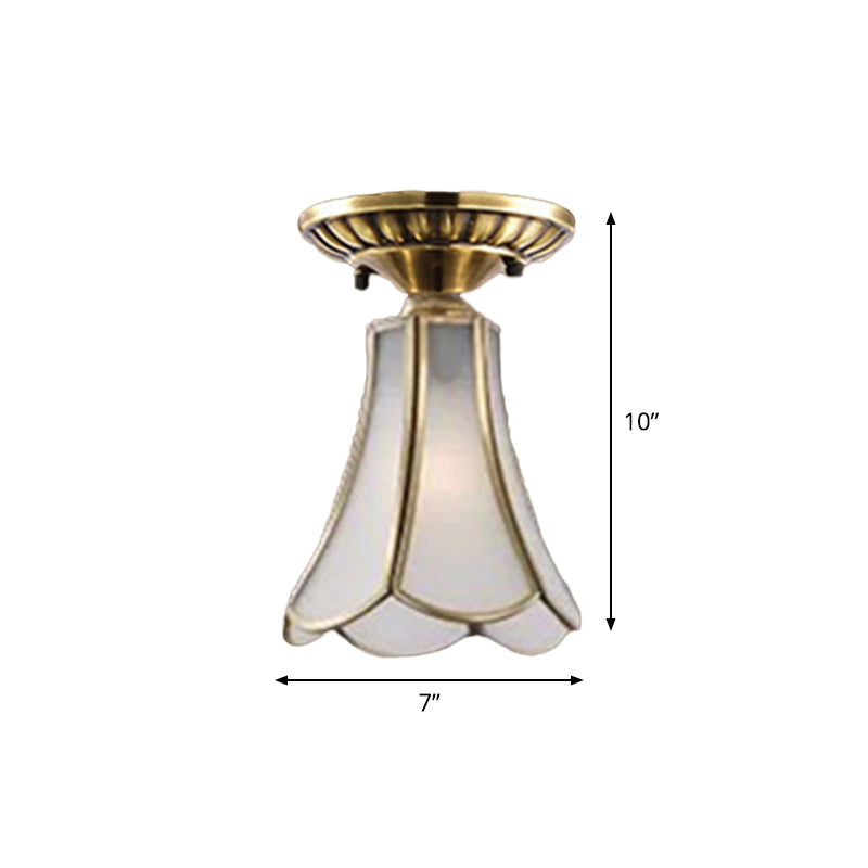 Curved/Cylinder/Flower Frosted Glass Flush Lamp Colonial 1-Light Corridor Flush Mount Light in Brass Clearhalo 'Ceiling Lights' 'Close To Ceiling Lights' 'Close to ceiling' 'Flush mount' Lighting' 1963462