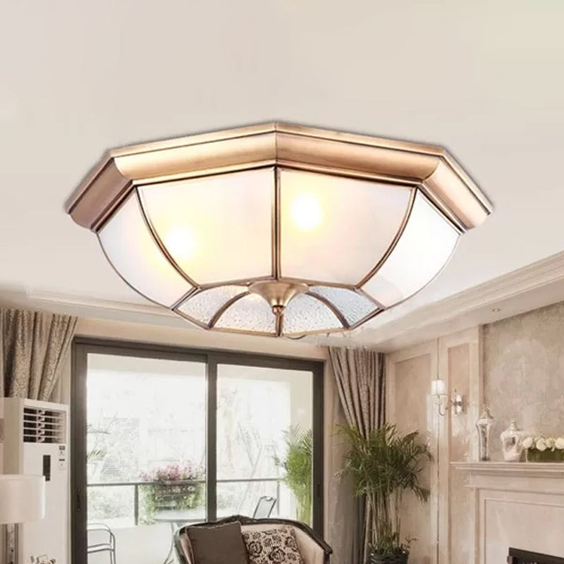 14"/18"/22" W 3/4/6 Lights Flush Ceiling Light Colonial Bedroom Flush Mount with Octagon Frosted Glass Shade in Brass Brass Clearhalo 'Ceiling Lights' 'Close To Ceiling Lights' 'Close to ceiling' 'Flush mount' Lighting' 1963525