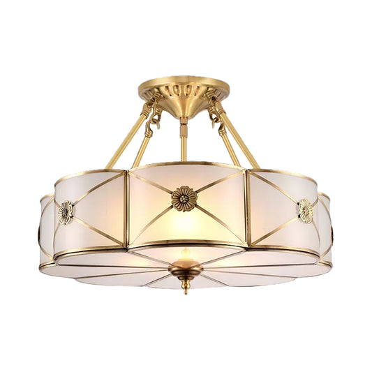 Brass 3/4/6 Lights Semi Flush Lamp Classic Opal Frosted Glass Drum Small/Medium/Large Ceiling Light Flush Mount Brass Clearhalo 'Ceiling Lights' 'Close To Ceiling Lights' 'Close to ceiling' 'Glass shade' 'Glass' 'Semi-flushmount' Lighting' 1963532