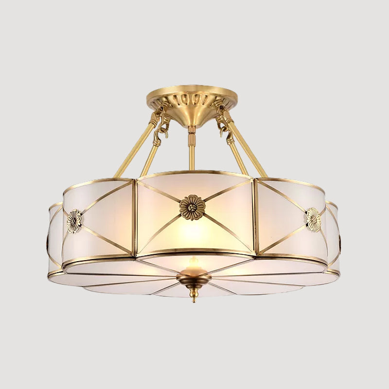 Brass 3/4/6 Lights Semi Flush Lamp Classic Opal Frosted Glass Drum Small/Medium/Large Ceiling Light Flush Mount Clearhalo 'Ceiling Lights' 'Close To Ceiling Lights' 'Close to ceiling' 'Glass shade' 'Glass' 'Semi-flushmount' Lighting' 1963533