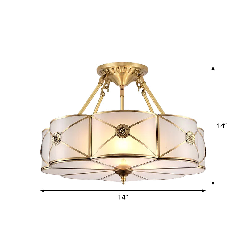 Brass 3/4/6 Lights Semi Flush Lamp Classic Opal Frosted Glass Drum Small/Medium/Large Ceiling Light Flush Mount Clearhalo 'Ceiling Lights' 'Close To Ceiling Lights' 'Close to ceiling' 'Glass shade' 'Glass' 'Semi-flushmount' Lighting' 1963534