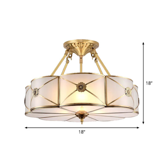 Brass 3/4/6 Lights Semi Flush Lamp Classic Opal Frosted Glass Drum Small/Medium/Large Ceiling Light Flush Mount Clearhalo 'Ceiling Lights' 'Close To Ceiling Lights' 'Close to ceiling' 'Glass shade' 'Glass' 'Semi-flushmount' Lighting' 1963535