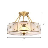 Brass 3/4/6 Lights Semi Flush Lamp Classic Opal Frosted Glass Drum Small/Medium/Large Ceiling Light Flush Mount Clearhalo 'Ceiling Lights' 'Close To Ceiling Lights' 'Close to ceiling' 'Glass shade' 'Glass' 'Semi-flushmount' Lighting' 1963535