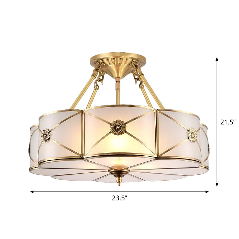 Brass 3/4/6 Lights Semi Flush Lamp Classic Opal Frosted Glass Drum Small/Medium/Large Ceiling Light Flush Mount Clearhalo 'Ceiling Lights' 'Close To Ceiling Lights' 'Close to ceiling' 'Glass shade' 'Glass' 'Semi-flushmount' Lighting' 1963536