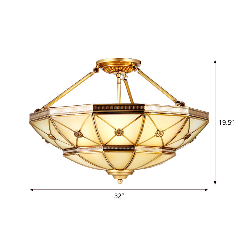 23.5"/32" W 6/9 Lights Semi Flush Mount Traditional Umbrella Frosted Glass Flush Mount Light in Brass Clearhalo 'Ceiling Lights' 'Close To Ceiling Lights' 'Close to ceiling' 'Glass shade' 'Glass' 'Pendant Lights' 'Semi-flushmount' Lighting' 1963576