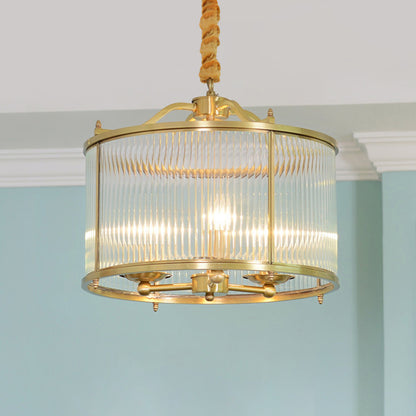 3/5/6 Lights Chandelier Light Colonial Drum Clear Ribbed Glass Ceiling Lamp in Polished Brass, Small/Medium/Large Brass Small Clearhalo 'Ceiling Lights' 'Chandeliers' 'Close To Ceiling Lights' 'Glass shade' 'Glass' Lighting' 1963603