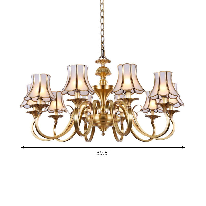 3/5/6 Lights Chandelier Light Traditional Bedroom Ceiling Lamp with Flared Frosted Glass Shade in Polished Brass Clearhalo 'Ceiling Lights' 'Chandeliers' 'Glass shade' 'Glass' Lighting' 1963651