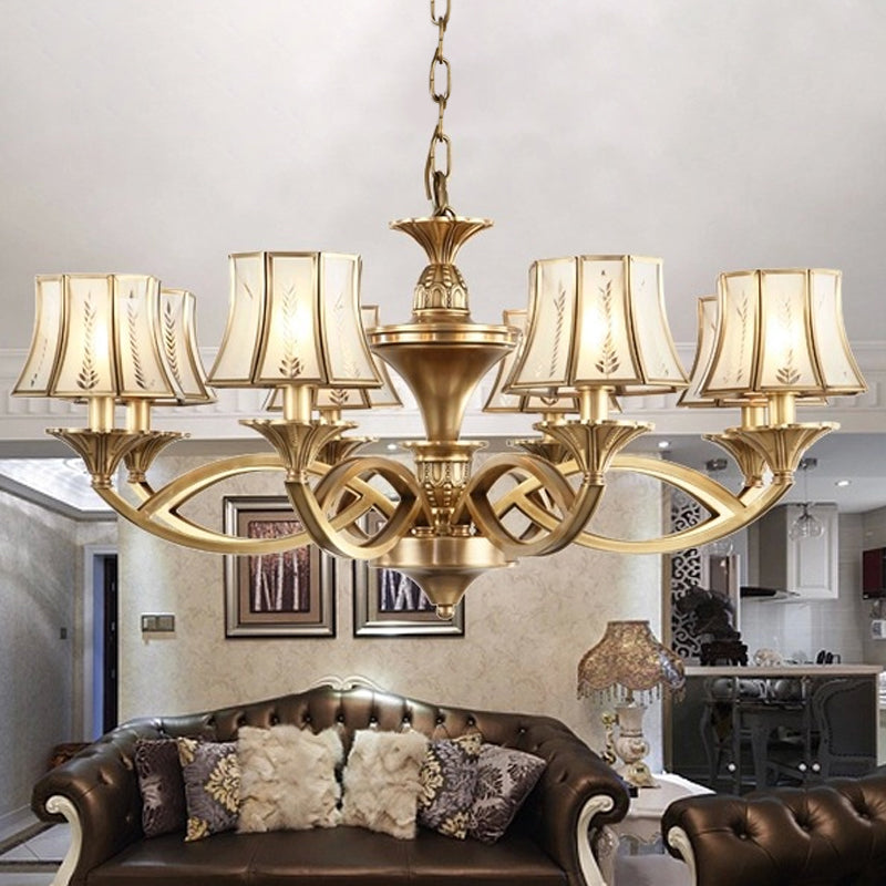 5/6/8 Lights Small/Medium/Large Chandelier Light Classic Curved Frosted Glass Hanging Lamp in Polished Brass Brass Large Clearhalo 'Ceiling Lights' 'Chandeliers' 'Glass shade' 'Glass' Lighting' 1963669