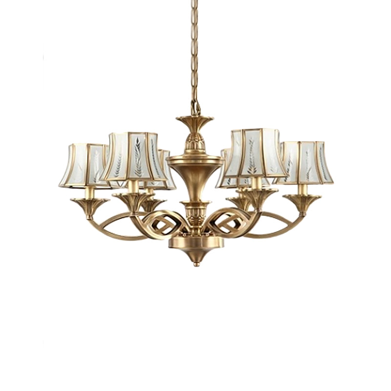 5/6/8 Lights Small/Medium/Large Chandelier Light Classic Curved Frosted Glass Hanging Lamp in Polished Brass Brass Medium Clearhalo 'Ceiling Lights' 'Chandeliers' 'Glass shade' 'Glass' Lighting' 1963673