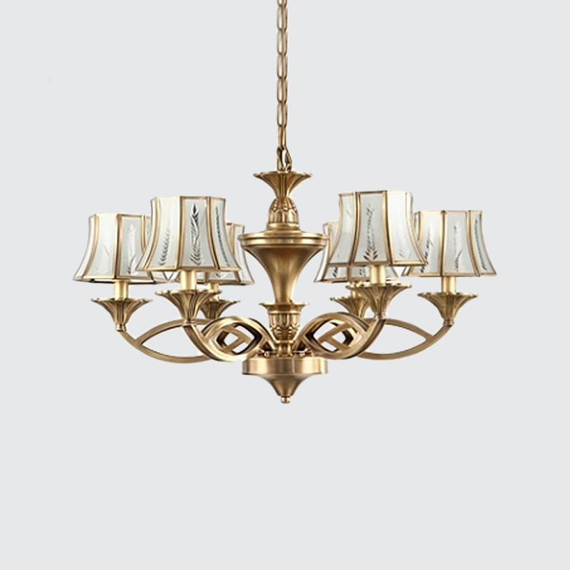 5/6/8 Lights Small/Medium/Large Chandelier Light Classic Curved Frosted Glass Hanging Lamp in Polished Brass Clearhalo 'Ceiling Lights' 'Chandeliers' 'Glass shade' 'Glass' Lighting' 1963674