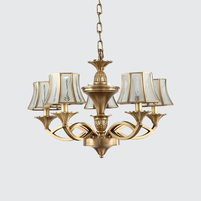 5/6/8 Lights Small/Medium/Large Chandelier Light Classic Curved Frosted Glass Hanging Lamp in Polished Brass Clearhalo 'Ceiling Lights' 'Chandeliers' 'Glass shade' 'Glass' Lighting' 1963677