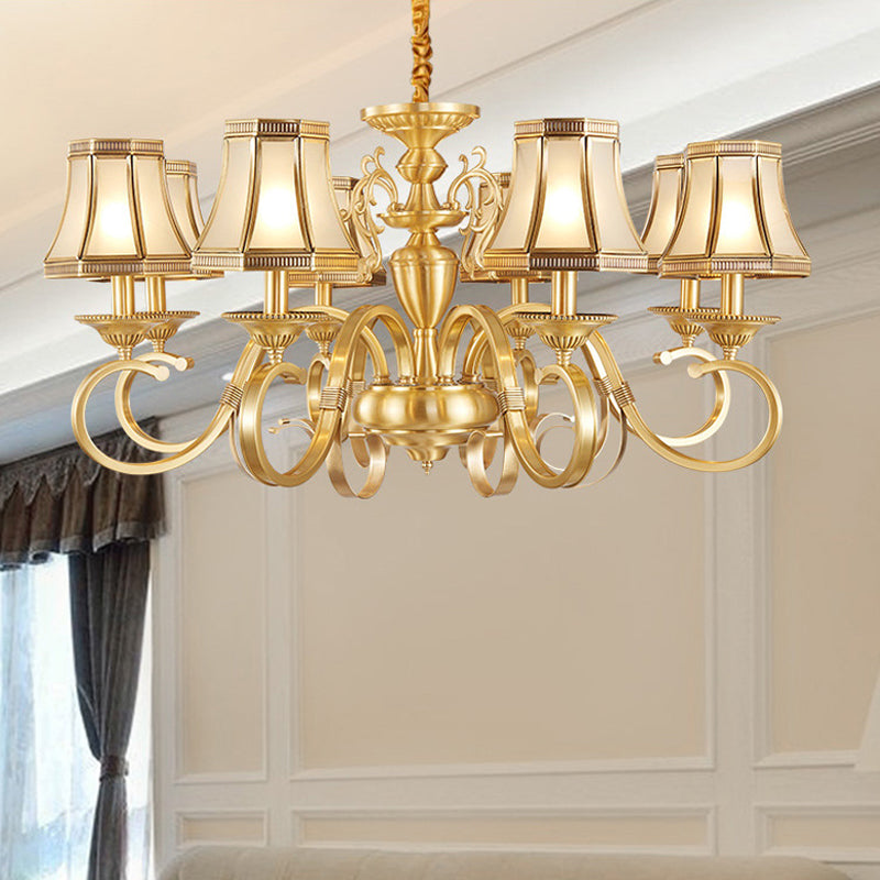 Brass 6/8/12 Lights Chandelier Lamp Colonial Frosted Glass Curved Hanging Light, Small/Medium/Large Brass Medium Clearhalo 'Ceiling Lights' 'Chandeliers' 'Glass shade' 'Glass' 'Pendant Lights' Lighting' 1963679