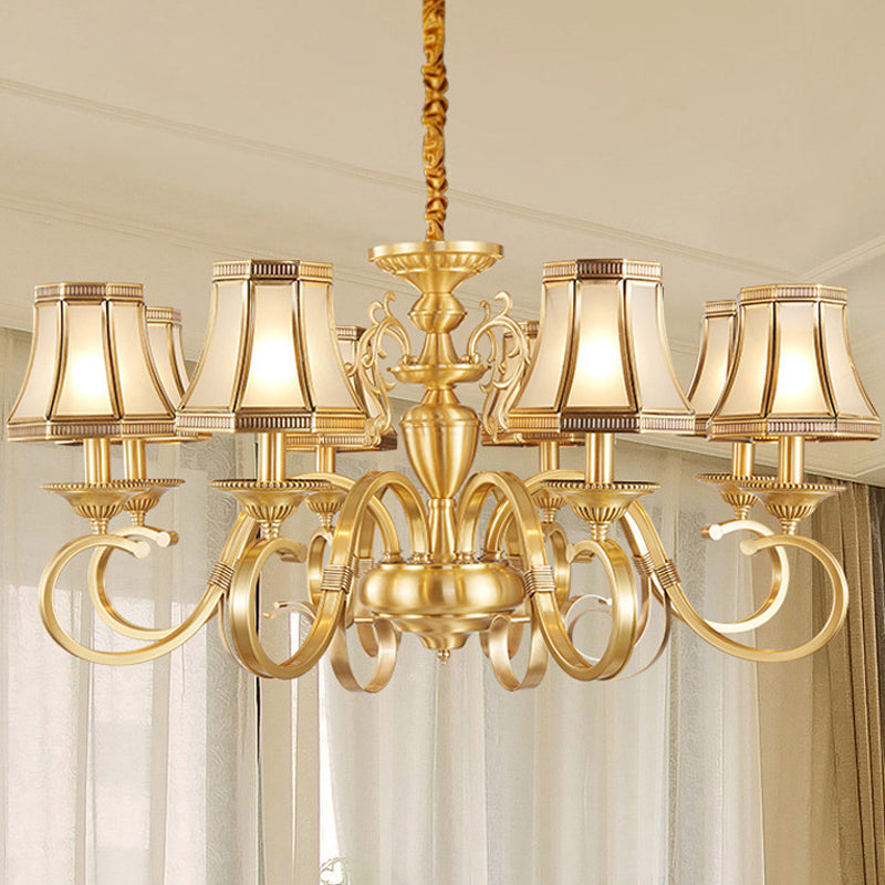 Brass 6/8/12 Lights Chandelier Lamp Colonial Frosted Glass Curved Hanging Light, Small/Medium/Large Clearhalo 'Ceiling Lights' 'Chandeliers' 'Glass shade' 'Glass' 'Pendant Lights' Lighting' 1963680