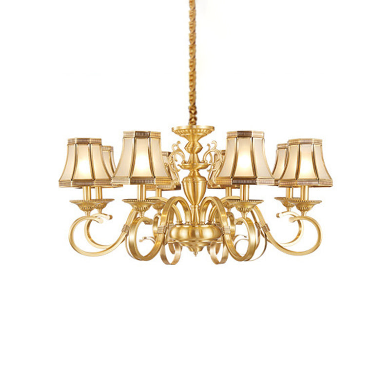 Brass 6/8/12 Lights Chandelier Lamp Colonial Frosted Glass Curved Hanging Light, Small/Medium/Large Clearhalo 'Ceiling Lights' 'Chandeliers' 'Glass shade' 'Glass' 'Pendant Lights' Lighting' 1963681