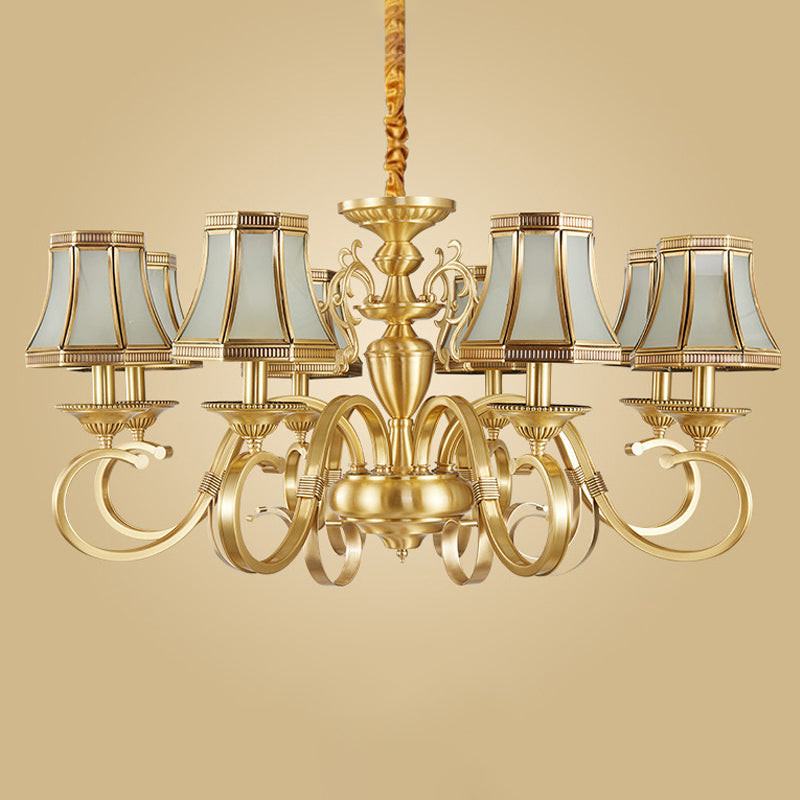Brass 6/8/12 Lights Chandelier Lamp Colonial Frosted Glass Curved Hanging Light, Small/Medium/Large Clearhalo 'Ceiling Lights' 'Chandeliers' 'Glass shade' 'Glass' 'Pendant Lights' Lighting' 1963682