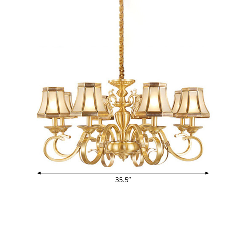 Brass 6/8/12 Lights Chandelier Lamp Colonial Frosted Glass Curved Hanging Light, Small/Medium/Large Clearhalo 'Ceiling Lights' 'Chandeliers' 'Glass shade' 'Glass' 'Pendant Lights' Lighting' 1963683