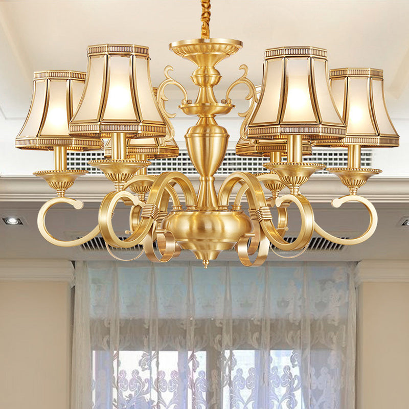Brass 6/8/12 Lights Chandelier Lamp Colonial Frosted Glass Curved Hanging Light, Small/Medium/Large Brass Small Clearhalo 'Ceiling Lights' 'Chandeliers' 'Glass shade' 'Glass' 'Pendant Lights' Lighting' 1963684