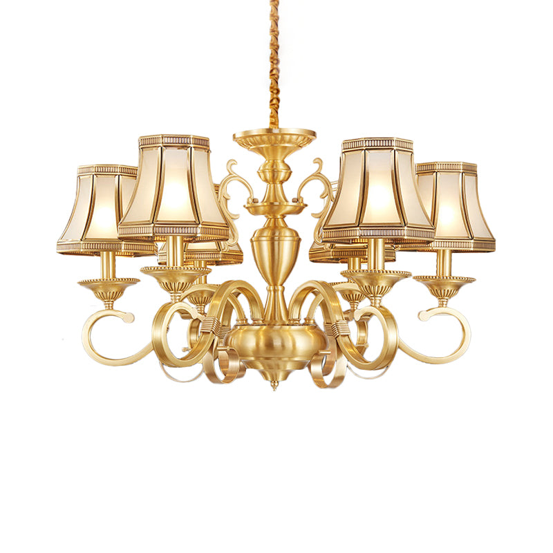 Brass 6/8/12 Lights Chandelier Lamp Colonial Frosted Glass Curved Hanging Light, Small/Medium/Large Clearhalo 'Ceiling Lights' 'Chandeliers' 'Glass shade' 'Glass' 'Pendant Lights' Lighting' 1963685