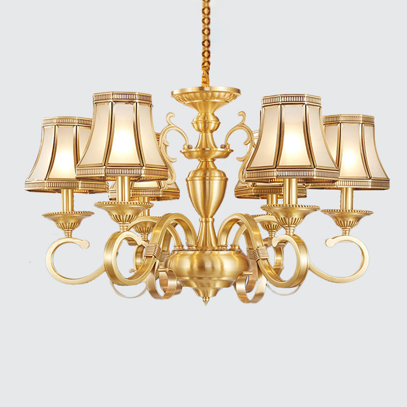 Brass 6/8/12 Lights Chandelier Lamp Colonial Frosted Glass Curved Hanging Light, Small/Medium/Large Clearhalo 'Ceiling Lights' 'Chandeliers' 'Glass shade' 'Glass' 'Pendant Lights' Lighting' 1963686