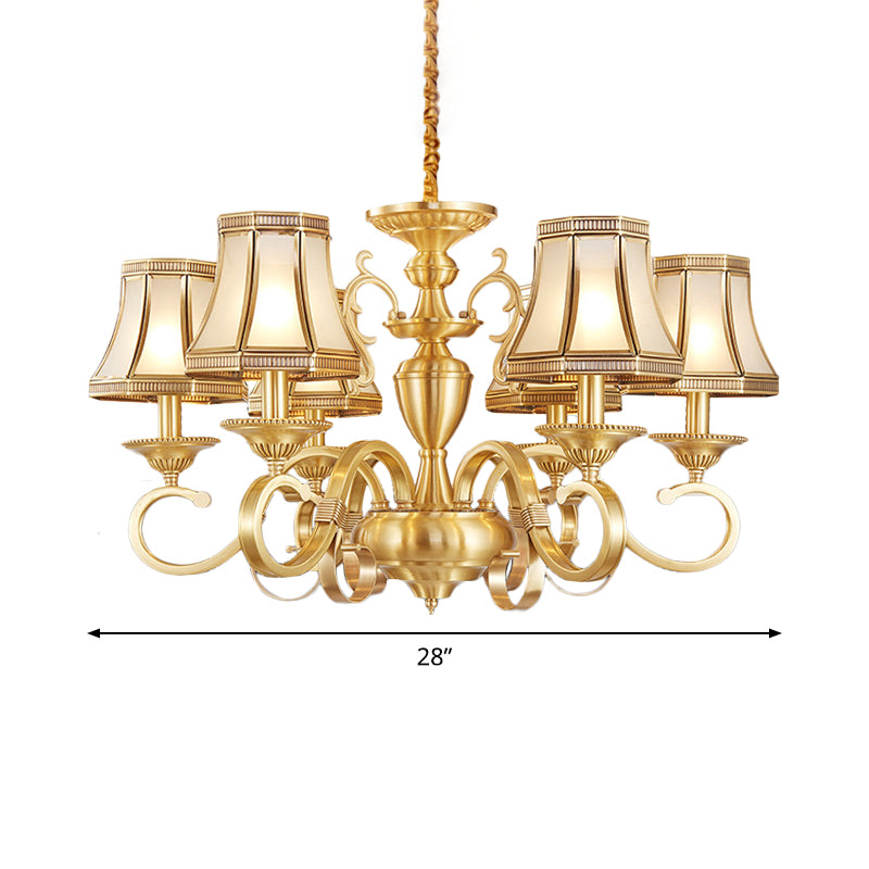 Brass 6/8/12 Lights Chandelier Lamp Colonial Frosted Glass Curved Hanging Light, Small/Medium/Large Clearhalo 'Ceiling Lights' 'Chandeliers' 'Glass shade' 'Glass' 'Pendant Lights' Lighting' 1963687