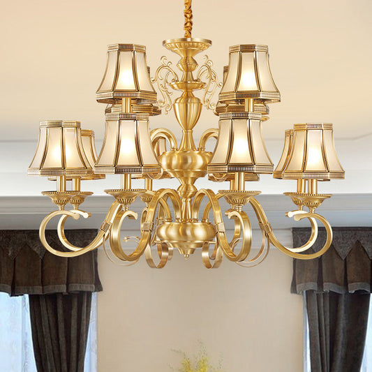Brass 6/8/12 Lights Chandelier Lamp Colonial Frosted Glass Curved Hanging Light, Small/Medium/Large Brass Large Clearhalo 'Ceiling Lights' 'Chandeliers' 'Glass shade' 'Glass' 'Pendant Lights' Lighting' 1963688