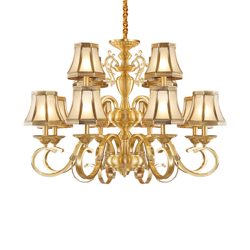 Brass 6/8/12 Lights Chandelier Lamp Colonial Frosted Glass Curved Hanging Light, Small/Medium/Large Clearhalo 'Ceiling Lights' 'Chandeliers' 'Glass shade' 'Glass' 'Pendant Lights' Lighting' 1963689