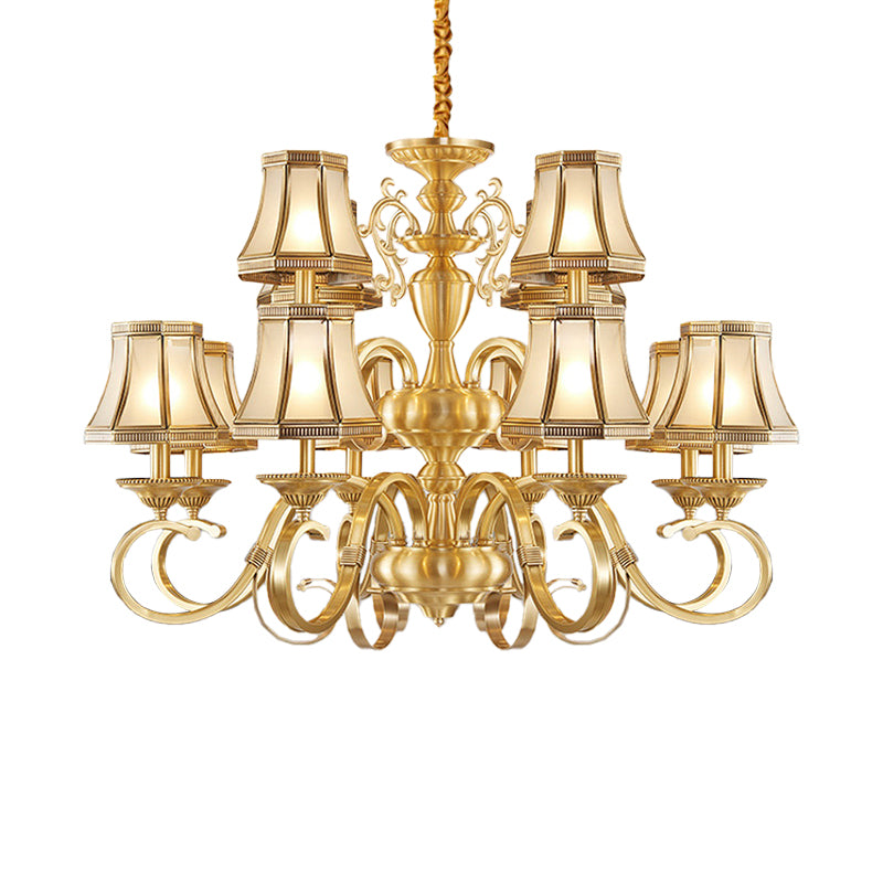 Brass 6/8/12 Lights Chandelier Lamp Colonial Frosted Glass Curved Hanging Light, Small/Medium/Large Clearhalo 'Ceiling Lights' 'Chandeliers' 'Glass shade' 'Glass' 'Pendant Lights' Lighting' 1963689