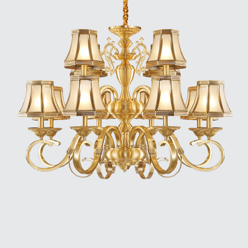 Brass 6/8/12 Lights Chandelier Lamp Colonial Frosted Glass Curved Hanging Light, Small/Medium/Large Clearhalo 'Ceiling Lights' 'Chandeliers' 'Glass shade' 'Glass' 'Pendant Lights' Lighting' 1963690