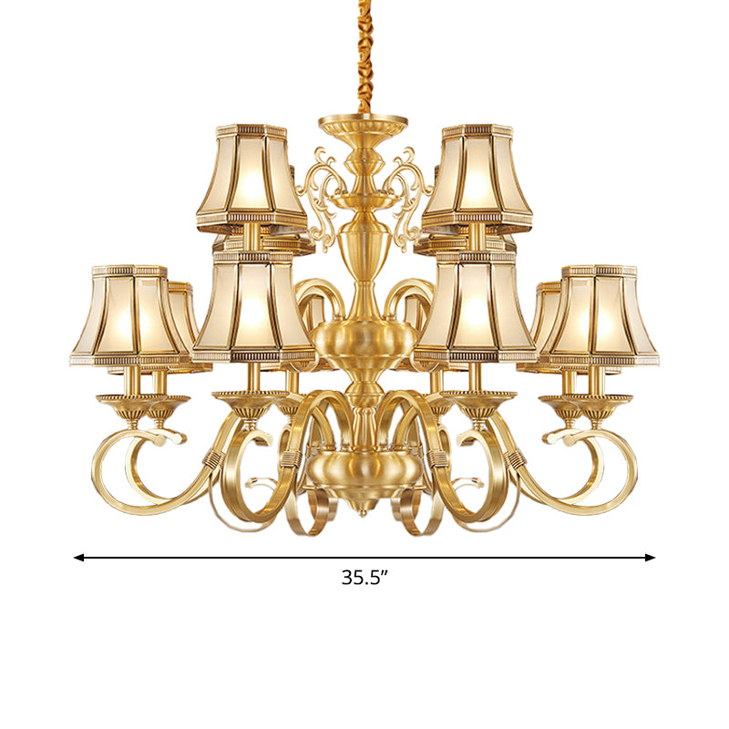Brass 6/8/12 Lights Chandelier Lamp Colonial Frosted Glass Curved Hanging Light, Small/Medium/Large Clearhalo 'Ceiling Lights' 'Chandeliers' 'Glass shade' 'Glass' 'Pendant Lights' Lighting' 1963691