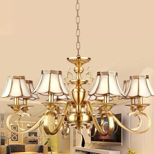 Polished Brass Scalloped Chandelier Lamp Colonial Frosted Glass 8 Lights Living Room Hanging Ceiling Light Brass Clearhalo 'Ceiling Lights' 'Chandeliers' 'Glass shade' 'Glass' 'Pendant Lights' Lighting' 1963692