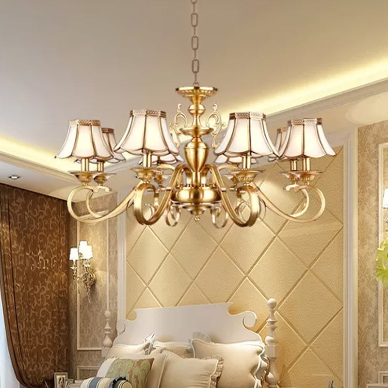 Polished Brass Scalloped Chandelier Lamp Colonial Frosted Glass 8 Lights Living Room Hanging Ceiling Light Clearhalo 'Ceiling Lights' 'Chandeliers' 'Glass shade' 'Glass' 'Pendant Lights' Lighting' 1963693