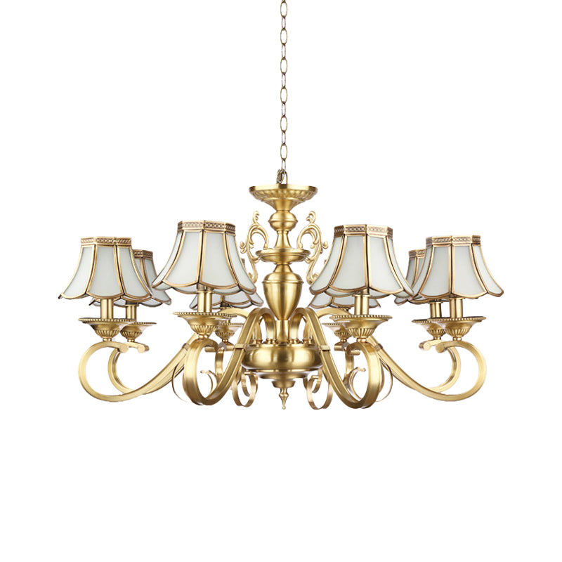 Polished Brass Scalloped Chandelier Lamp Colonial Frosted Glass 8 Lights Living Room Hanging Ceiling Light Clearhalo 'Ceiling Lights' 'Chandeliers' 'Glass shade' 'Glass' 'Pendant Lights' Lighting' 1963694