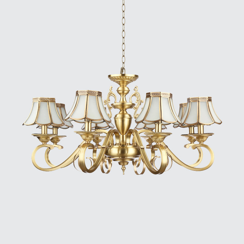 Polished Brass Scalloped Chandelier Lamp Colonial Frosted Glass 8 Lights Living Room Hanging Ceiling Light Clearhalo 'Ceiling Lights' 'Chandeliers' 'Glass shade' 'Glass' 'Pendant Lights' Lighting' 1963695